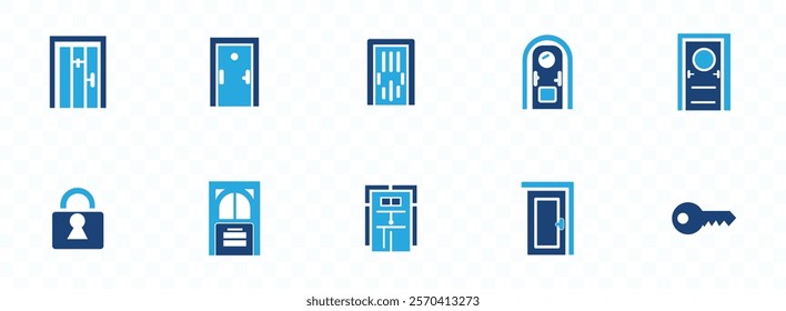 Door icon set. Containing enter, exit, doorbell, knock, open door, home, closed door, pull and push symbol.