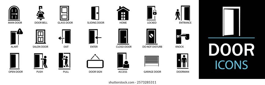 Door icon set. Containing enter, exit, doorbell, knock, open door, home, closed door, pull and push symbol. Solid icons vector collection