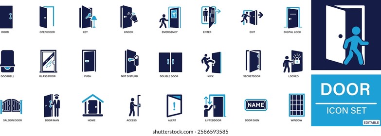 Door icon set enter, exit, doorbell, knock, open door, home, closed door, pull You can easily change the color