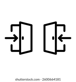 Door icon set. Enter or exit symbol. Line style design. Login sign. Black shape. White background. Arrows pointing way.