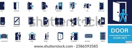 Door icon set enter, exit, doorbell, knock, open door, home, closed door, pull You can easily change the color