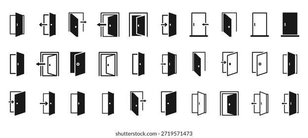 Ícone de porta definido. Projeto vetorial de sinal de abertura e fechamento de porta. Ícone de porta aberta em preto e branco mostrando duas opções contrastantes. Coleção vetorial de ícones sólidos.