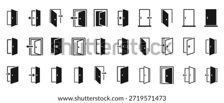 Door icon set. Door open and close sign vector design. Open door icon in black and white showing two contrasting options. Solid icons vector collection.