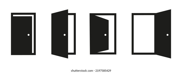 Door icon set. Open and closed entrance door. Doors pictogram isolated on white background. Stock vector element.