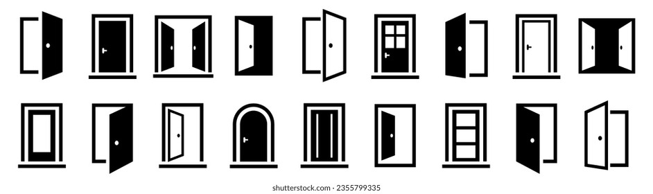 Conjunto de iconos de la puerta. Abra el icono de la puerta. Icono del vector frontal de la puerta. Ilustración del vector