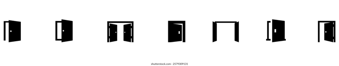 Door icon set. Open door. Open the door icon. Door front vector icon. Vector illustration. EPS 10