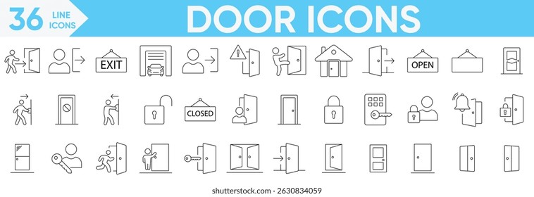 Door icon set.exit, doorbell, knock, open door, home, closed door, pull, closed, Input, output, lock, push and more.Vector and illustrator set.