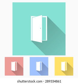Door - icon is white with long shadow, flat design. Vector illustration.