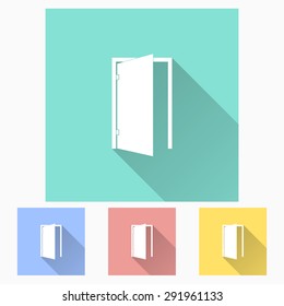 Door - icon is white with long shadow, flat design. Vector illustration.