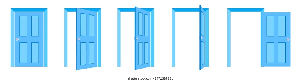 Door icons. Open door sequence. Cartoon style of entrance and exit through door.Open, close and ajar door. 