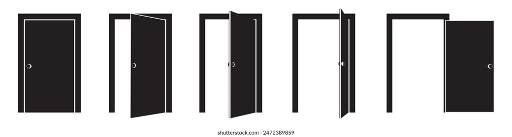 Iconos de puerta. Secuencia de puertas abiertas. Abre, cierra y abre la puerta. Puerta de entrada abierta en blanco y negro en estilo plano.
