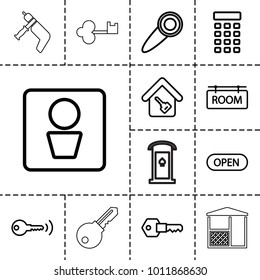Door icons. set of 13 editable outline door icons such as man wc, home key, room tag, key, open, intercom, nail gun