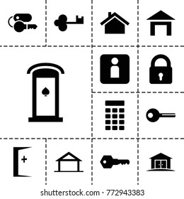 Door icons. set of 13 editable filled door icons such as home, lock, key, intercom, woman wc, aid post, house building