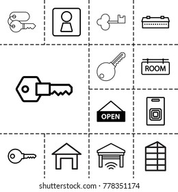 Door icons. set of 13 editable outline door icons such as open plate, barn, woman wc, key, room tag, garage, door bell, house building