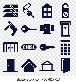 Door icons set. set of 16 door filled icons such as home, sliding doors, house building, window, key, do not disturb, nail gun, blinds, close