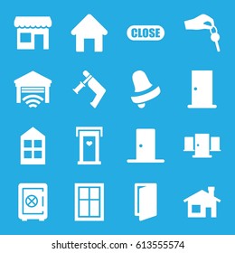 Door icons set. set of 16 door filled icons such as house building, window, Safe, Bell, nail gun, hand with key, close, garage