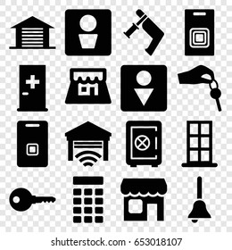 Door icons set. set of 16 door filled icons such as man wc, aid post, safe, male wc, nail gun, shop, garage, hand with key, bell, intercom