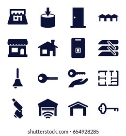 Door icons set. set of 16 door filled icons such as garage, house building, nail gun, blinds, shop, key, plan, bell, store, key on hand