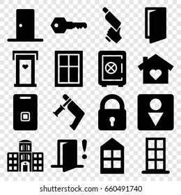 Door icons set. set of 16 door filled icons such as lock, window, safe, male wc, nail gun, hospital building, key