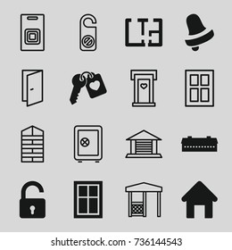 Door icons set. set of 16 door filled and outline icons such as barn, house building, opened lock, window, bell, heart key, plan, shutter blinds, safe, do not disturb, gazebo