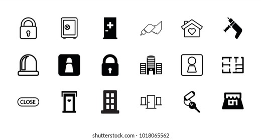 Door icons. set of 18 editable filled and outline door icons: aid post, lock, key, shop, plan, woman wc, safe, house with heart, close, man wc, nail gun