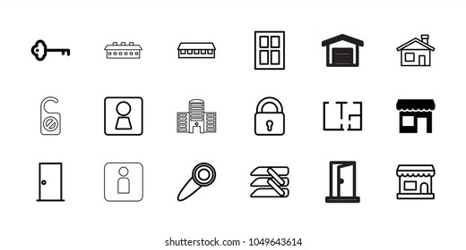 Door icons. set of 18 editable outline door icons: store, key, woman wc, house building, lock, window, barn, blinds, plan, garage, do not disturb