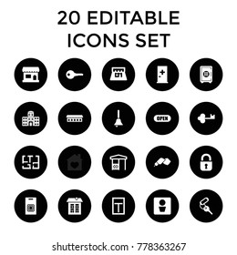 Door icons. set of 20 editable filled door icons such as man wc, aid post, key, gazebo, store, hospital building, shop, plan, bell. best quality door elements in trendy style.