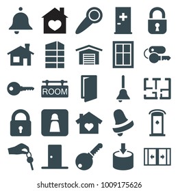 Door icons. set of 25 editable filled door icons such as aid post, house building, lock, window, door, bell, house with heart, key, room tag, plan, hand with key, bell, man wc