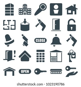 Door icons. set of 25 editable filled door icons such as man wc, house building, garage, opened lock, bell, nail gun, key, entrance, hospital building, plan, open, close