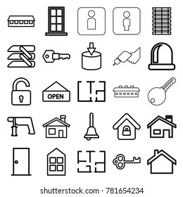 Door icons. set of 25 editable outline door icons such as house building, opened lock, window, barn, nail gun, key, entrance, blinds, lock home, plan, bell, open plate
