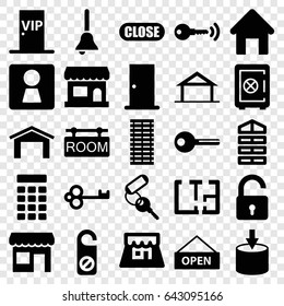 Door icons set. set of 25 door filled icons such as home, woman wc, house building, shutter blinds, garage, opened lock, safe, key, do not disturb, room tag, shop, plan, bell