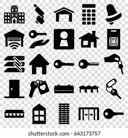 Door icons set. set of 25 door filled icons such as barn, sliding doors, woman wc, house building, garage, window, bell, key, nail gun, heart key, hospital building, blinds