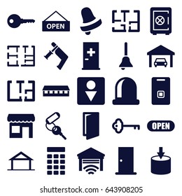 Door icons set. set of 25 door filled icons such as home, aid post, barn, safe, bell, key, male wc, nail gun, garage, plan, bell, open, intercom, store, open plate
