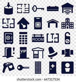 Door icons set. set of 25 door filled icons such as barn, man wc, aid post, garage, safe, bell, do not disturb, gazebo, heart key, hospital building, home key, room tag, key