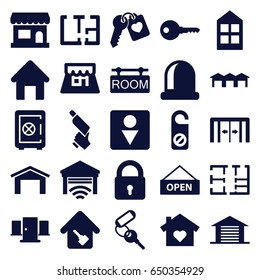 Door icons set. set of 25 door filled icons such as sliding doors, house building, garage, lock, window, safe, key, do not disturb, male wc, nail gun, heart key, home key
