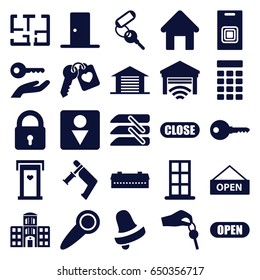Door icons set. set of 25 door filled icons such as barn, house building, lock, bell, key, male wc, nail gun, heart key, hospital building, blinds, garage, plan, open, close