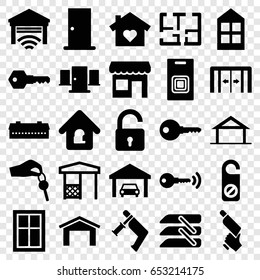 Door icons set. set of 25 door filled icons such as home, barn, sliding doors, garage, opened lock, window, do not disturb, nail gun, gazebo, blinds, lock home, key, plan
