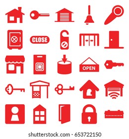 Door icons set. set of 25 door filled icons such as barn, sliding doors, woman wc, house building, lock, window, safe, do not disturb, gazebo, lock home, shop, garage, key