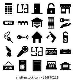 Door icons set. set of 25 door filled icons such as barn, house building, opened lock, window, key, do not disturb, nail gun, room tag, shop, garage, plan, open, intercom