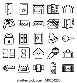 Door icons set. set of 25 door outline icons such as sliding doors, woman wc, home, garage, lock, window, safe, bell, do not disturb, heart key, hospital building, blinds