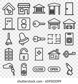 Door icons set. set of 25 door outline icons such as man wc, aid post, shutter blinds, house building, opened lock, bell, do not disturb, nail gun, gazebo, home key, shop