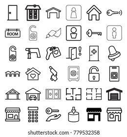 Door icons. set of 36 editable outline door icons such as store, home, man wc, aid post, house building, garage, opened lock, door, bell, do not disturb, nail gun