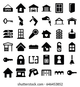 Door icons set. set of 36 door filled icons such as home, barn, sliding doors, woman wc, house building, shutter blinds, garage, lock, window, do not disturb, nail gun, gazebo