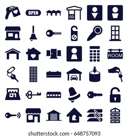 Door icons set. set of 36 door filled icons such as barn, man wc, woman wc, shutter blinds, garage, opened lock, bell, key, do not disturb, male wc, gazebo, heart key, blinds