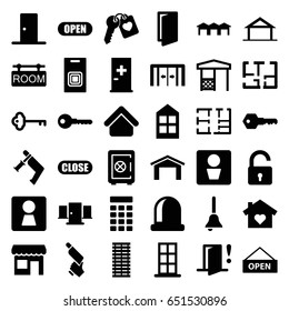 Door icons set. set of 36 door filled icons such as home, sliding doors, man wc, woman wc, aid post, house building, garage, opened lock, window, safe, key, nail gun, gazebo