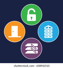 Door icons set. set of 4 door filled icons such as shutter blinds, opened lock, blinds