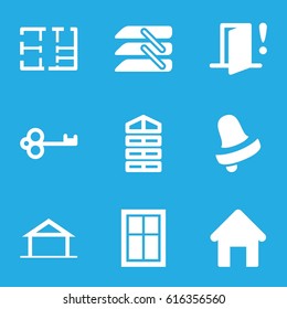 Door icons set. set of 9 door filled icons such as home, house building, shutter blinds, window, Bell, blinds, plan, door warning