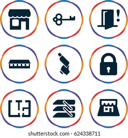 Door icons set. set of 9 door filled icons such as lock, barn, nail gun, blinds, shop, plan, door warning