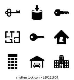 Door icons set. set of 9 door filled icons such as hospital building, lock home, garage, key, plan, intercom