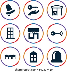Door icons set. set of 9 door filled icons such as window, bell, gazebo, shop, garage, key
